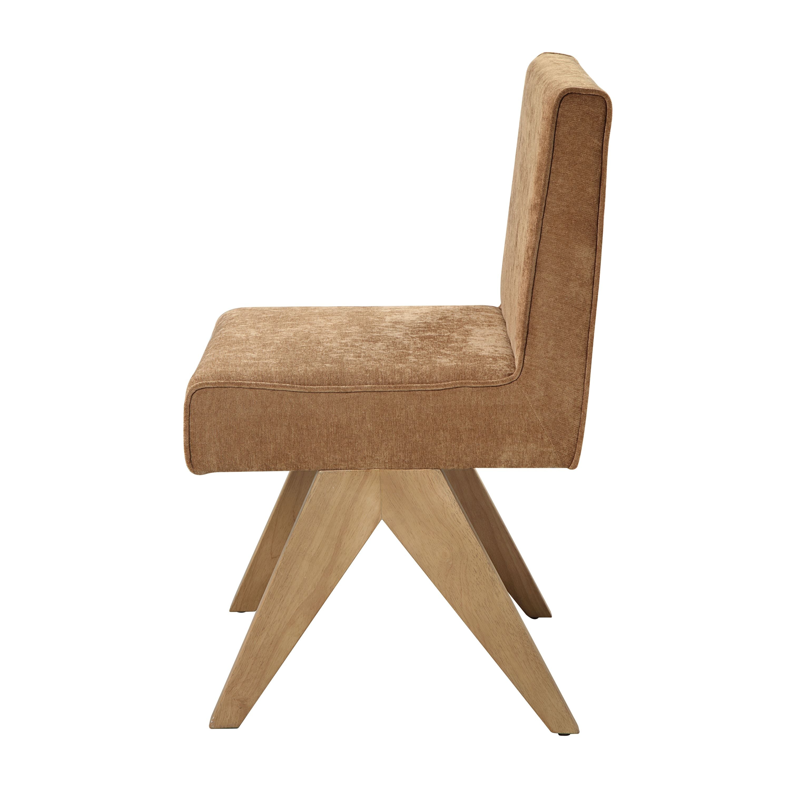Side profile of Zoey Dining Set side chair with chocolate chenille fabric and A-shaped wooden legs.