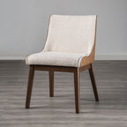 Front angle of Mid-Century Modern Side Chair with padded seat and curved back, solid walnut wood legs for durable dining use.