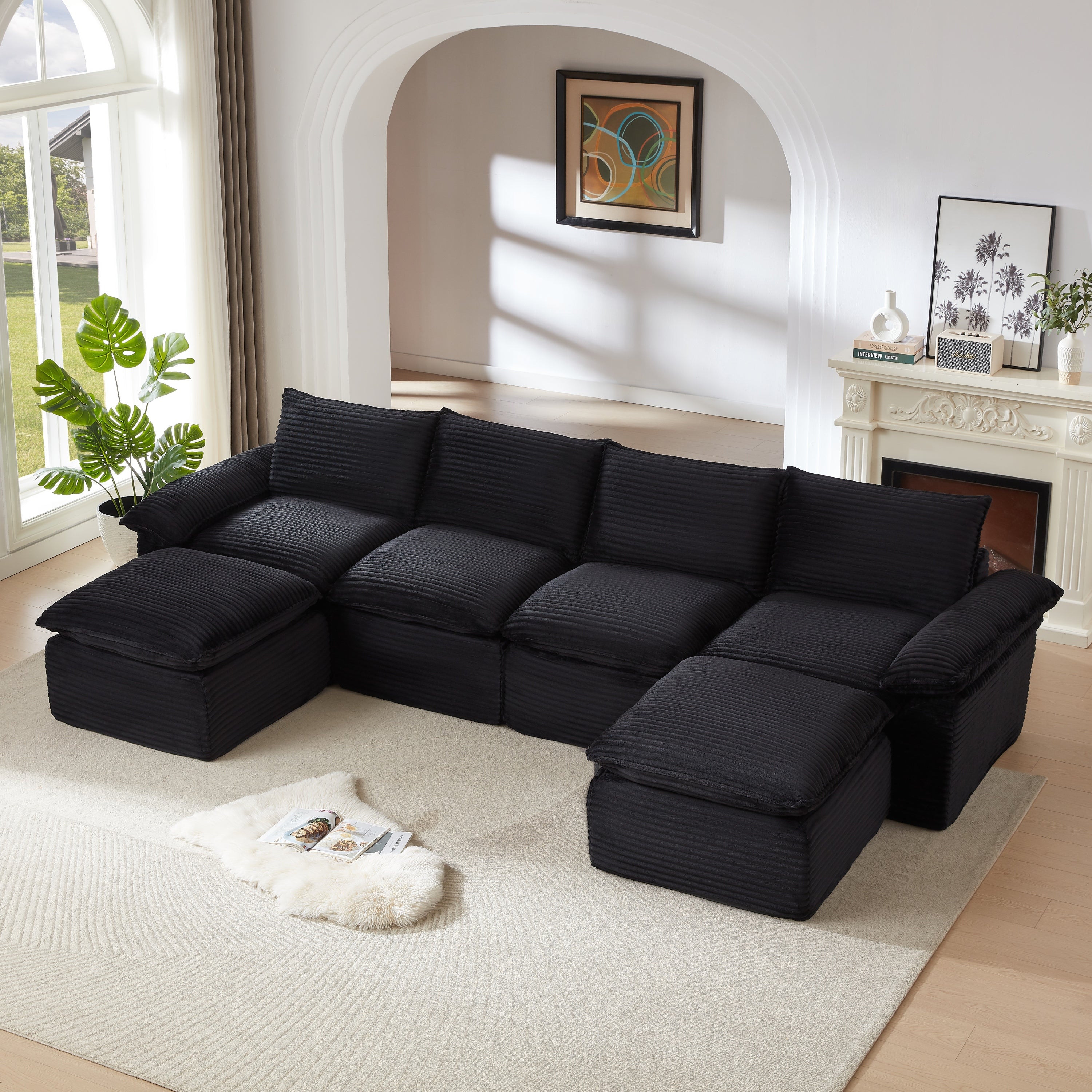 Corduroy Cloud Sofa - Modern Living Room Furniture in black corduroy, displayed without occupants to highlight its modular, cushioned design.