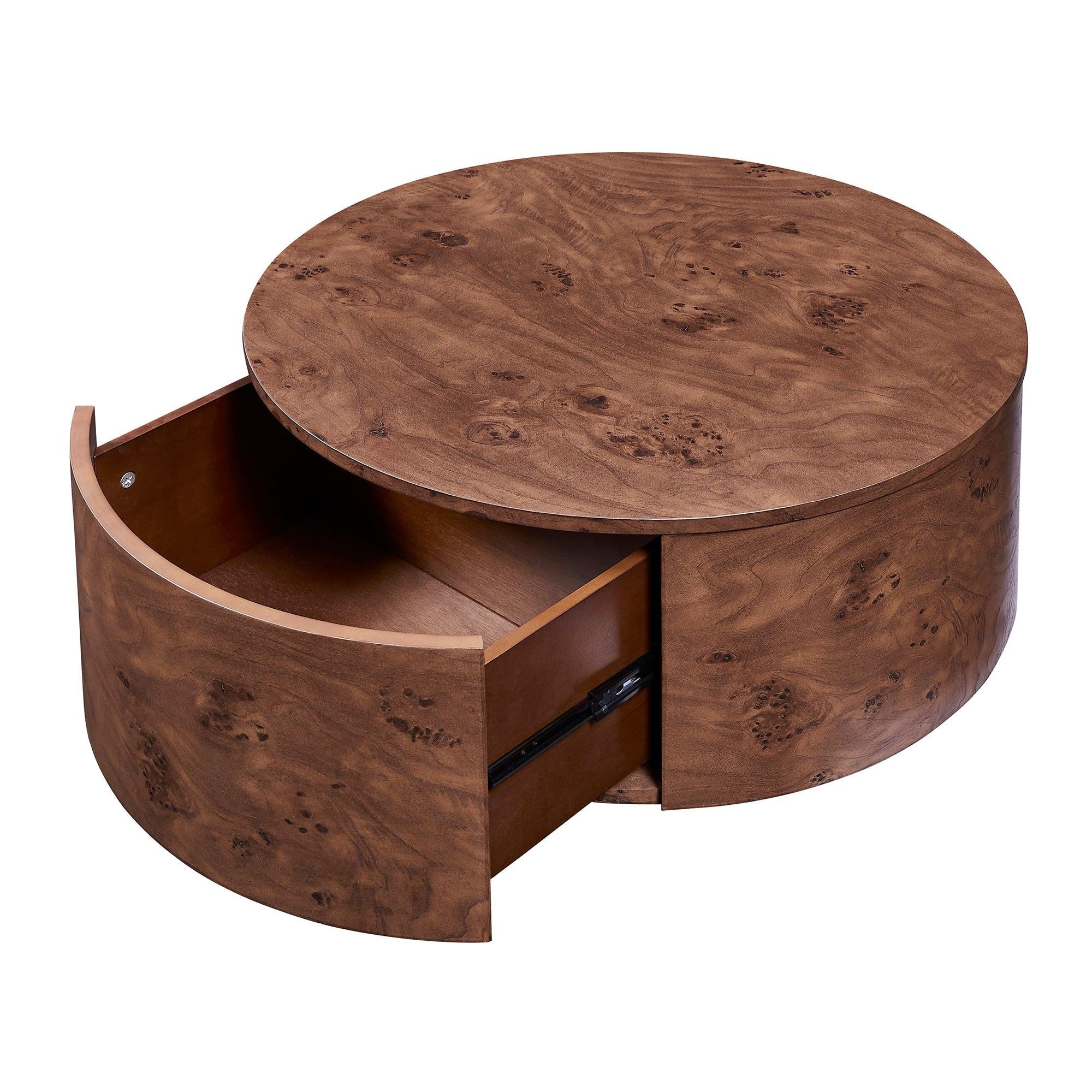 Burl Wood Coffee Table with Drawers - 360° Rotating Top.