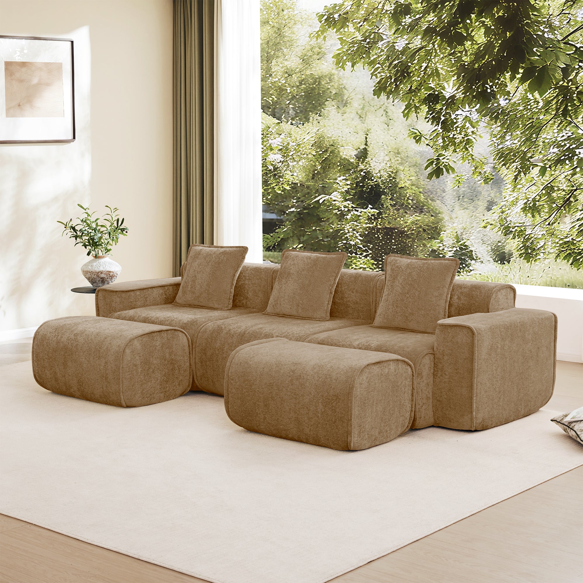 U-shaped Modular Velvet Sofa with 3 seats and 2 ottomans arranged for lounging, ideal for spacious living rooms with natural light.