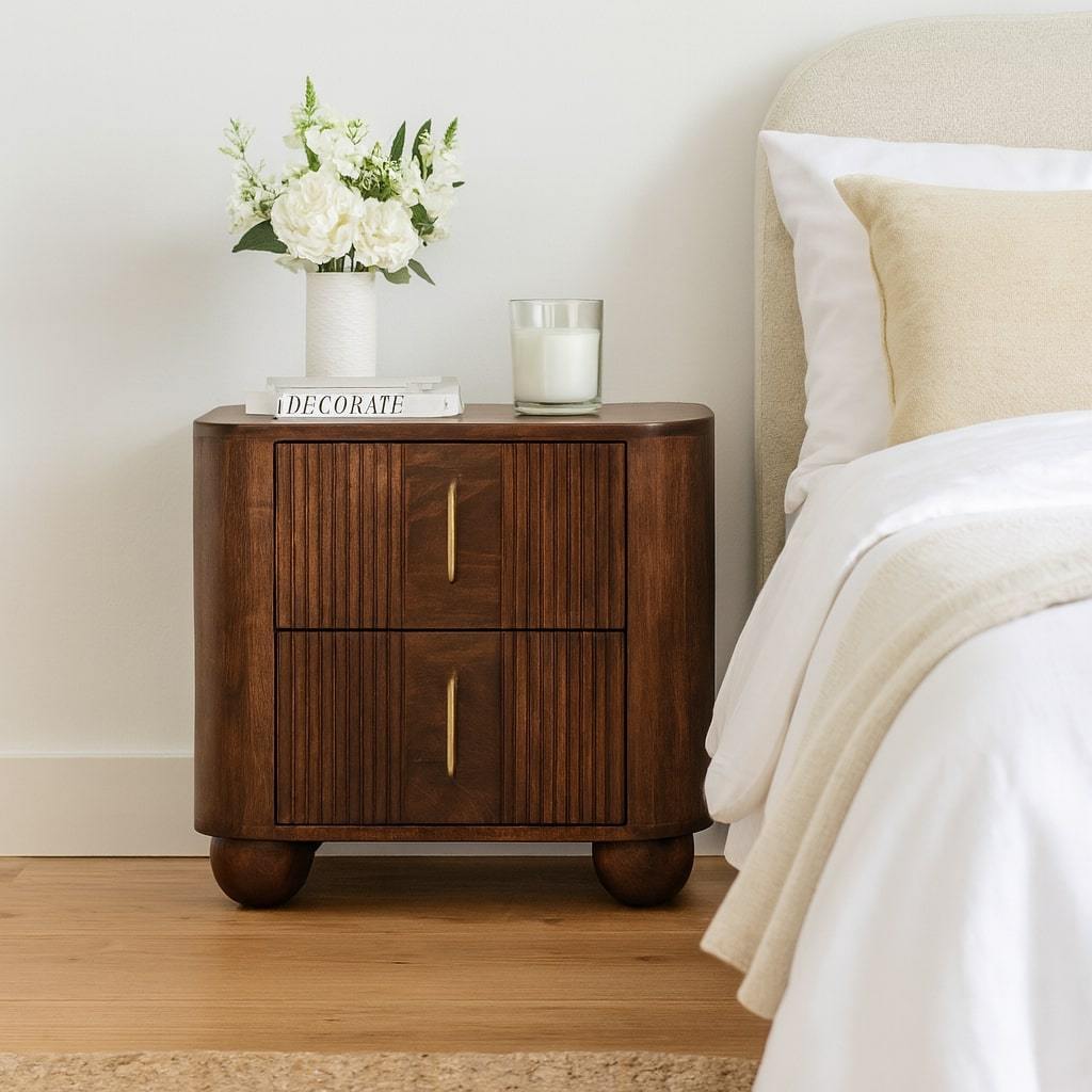 Solid Wood Marlowe Fluted Nightstand,Brown,2-Drawers