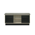 Shoe cabinet with sliding doors and upholstered top in oak finish, featuring open center shelves for modern entryway storage.