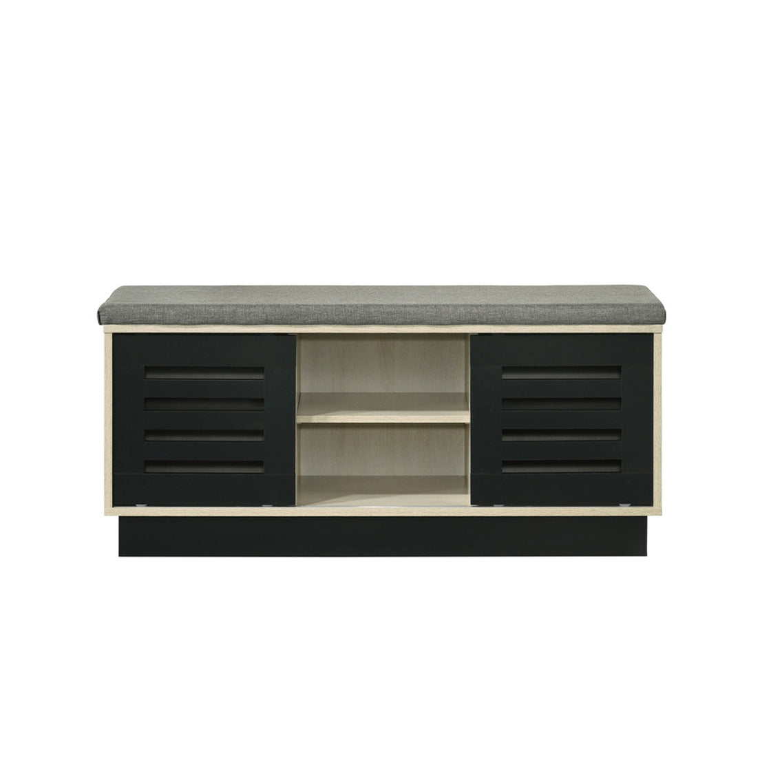 Shoe cabinet with sliding doors and upholstered top in oak finish, featuring open center shelves for modern entryway storage.