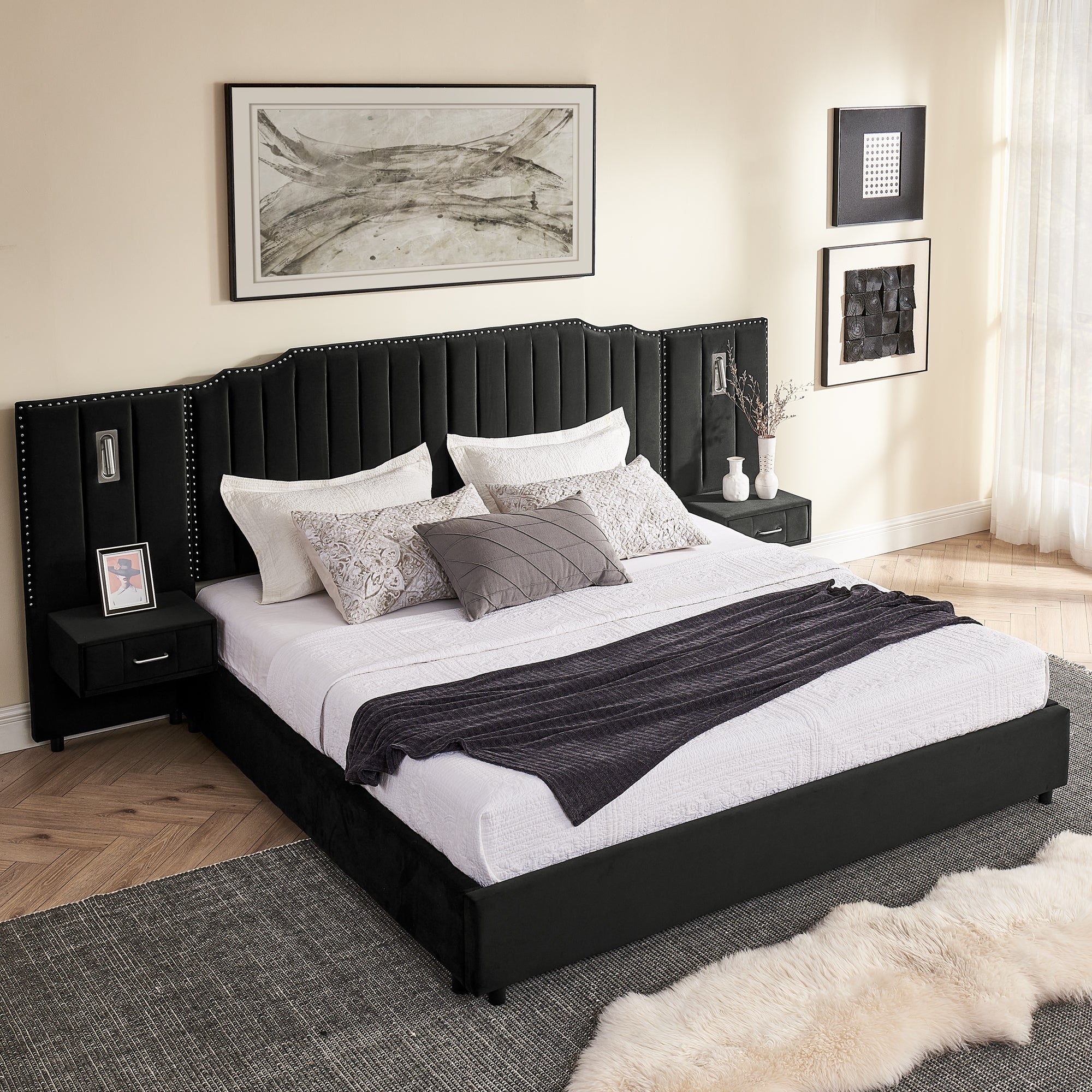 Elegant Black Velvet King Bed Frame with vertical panel headboard, built-in lighting, and floating nightstands for modern interiors.