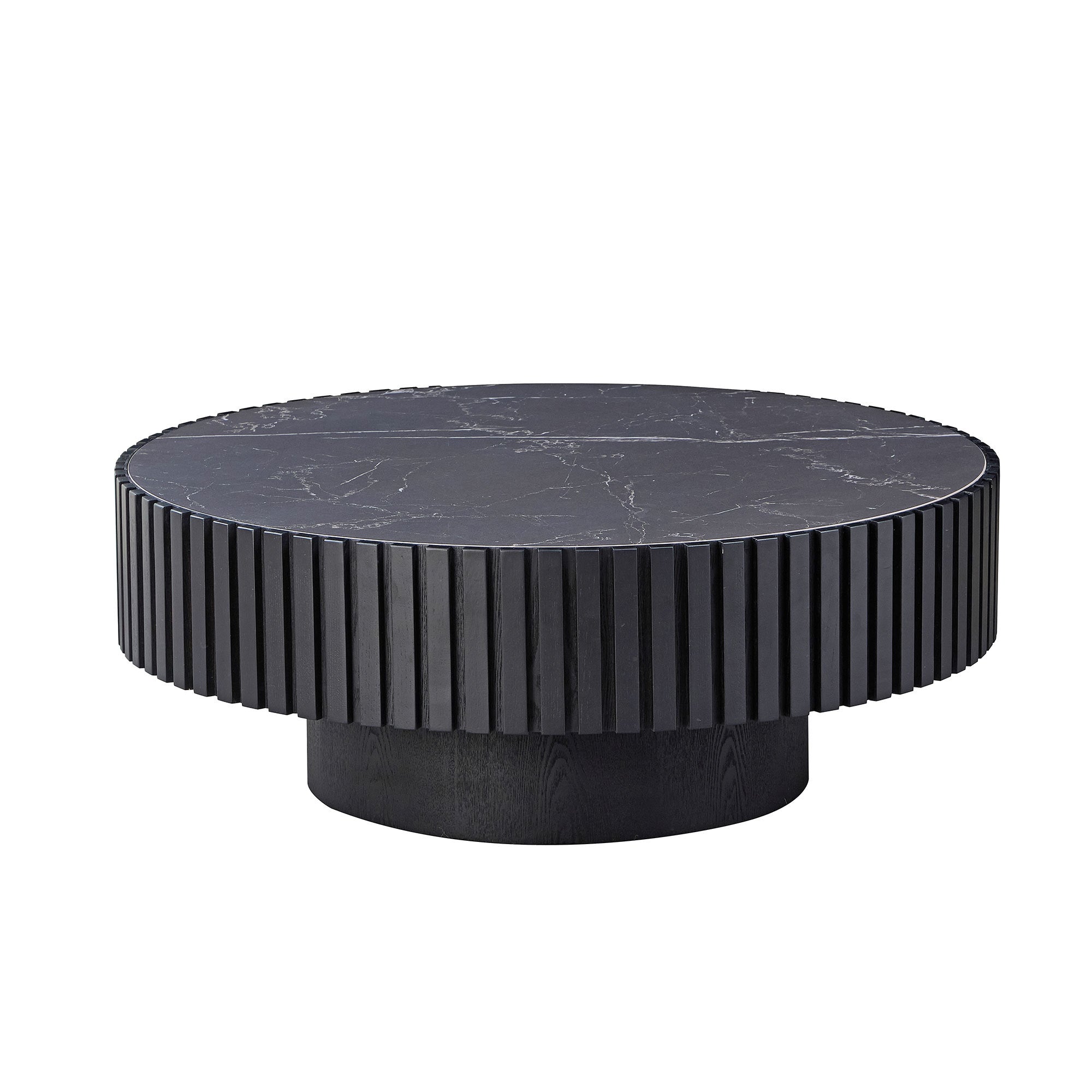 Studio image of the 35.43'' modern round coffee table with black sintered stone top and fluted cylindrical base.