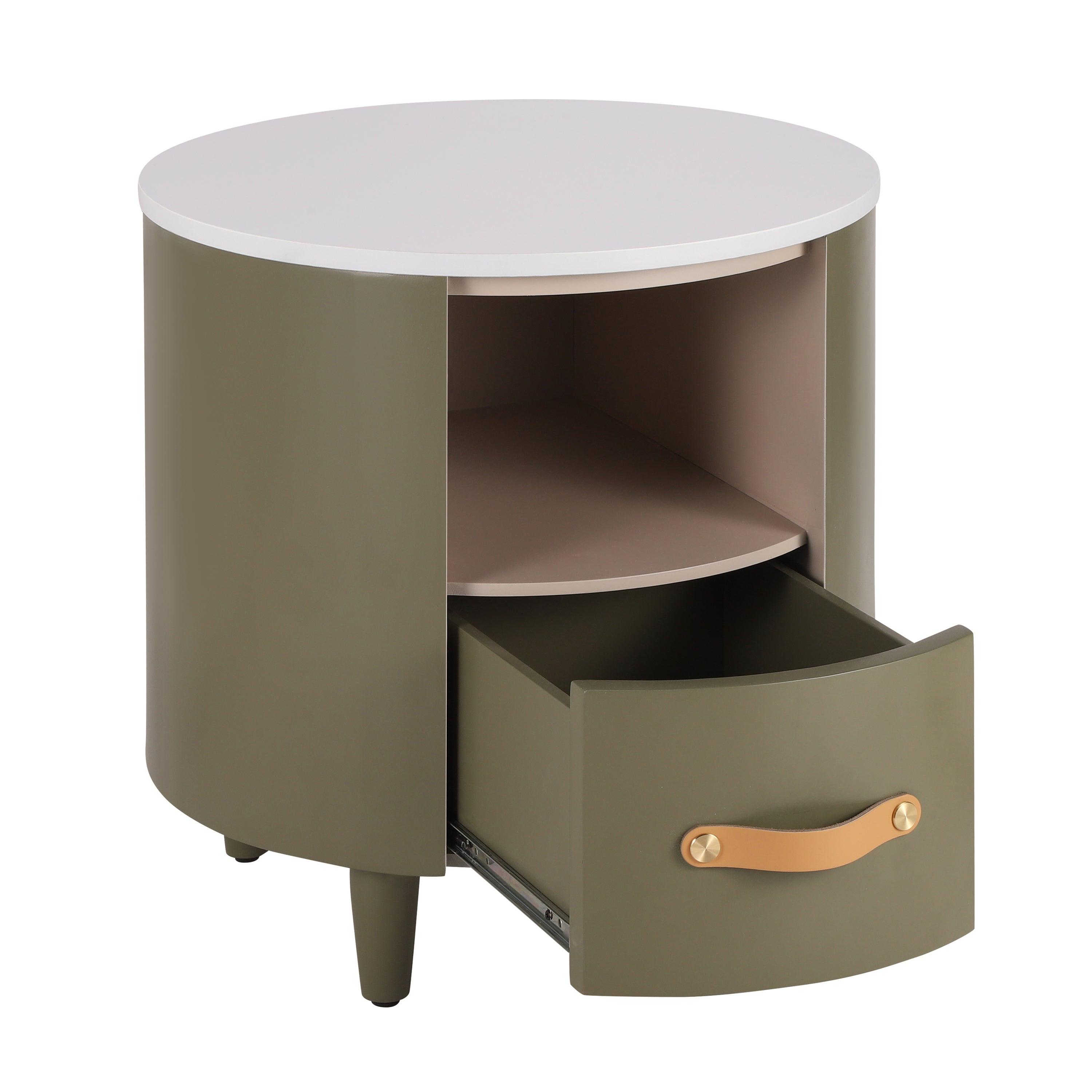 Modern Round Nightstand with Storage Drawer & Shelf.