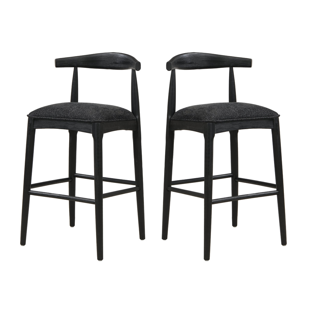 Black fabric bar stools set of 2 with open back design and cushioned seats, perfect for modern dining room or kitchen counter seating.