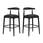 Black fabric bar stools set of 2 with open back design and cushioned seats, perfect for modern dining room or kitchen counter seating.