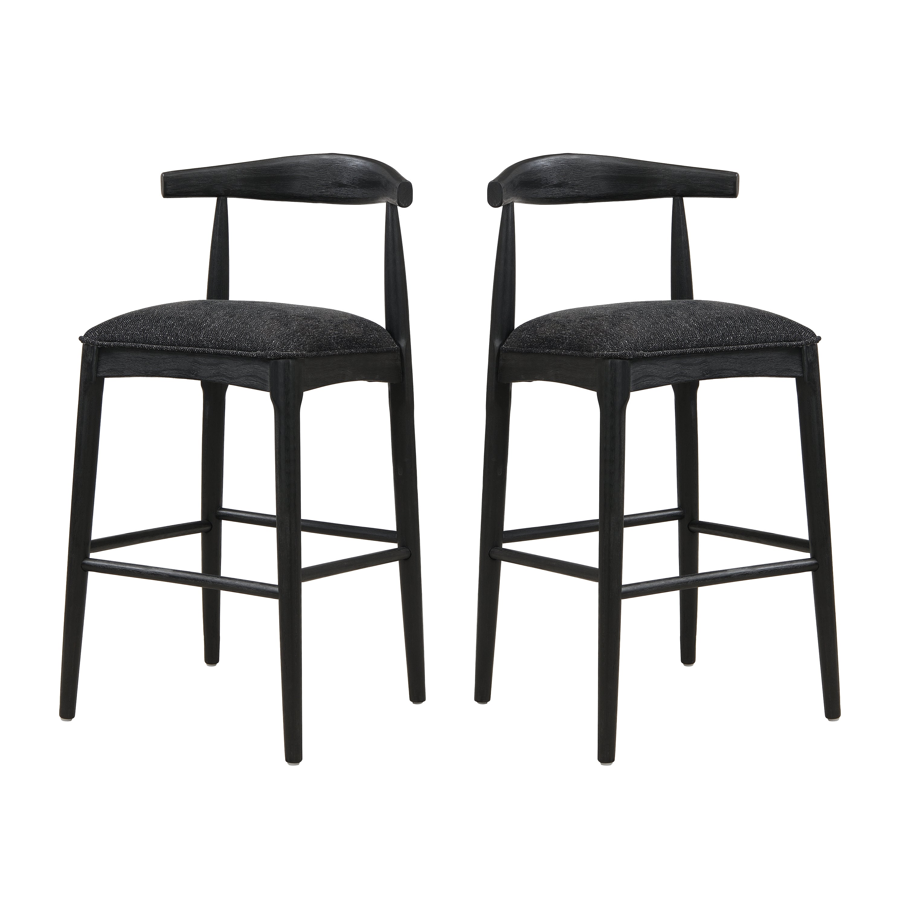 Black fabric bar stools set of 2 with open back design and cushioned seats, perfect for modern dining room or kitchen counter seating.