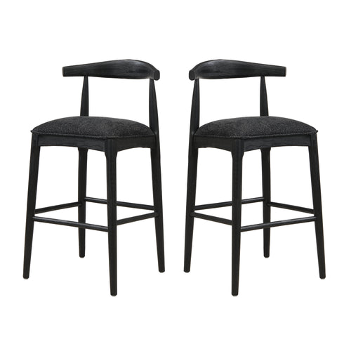 Black fabric bar stools set of 2 with open back design and cushioned seats, perfect for modern dining room or kitchen counter seating.