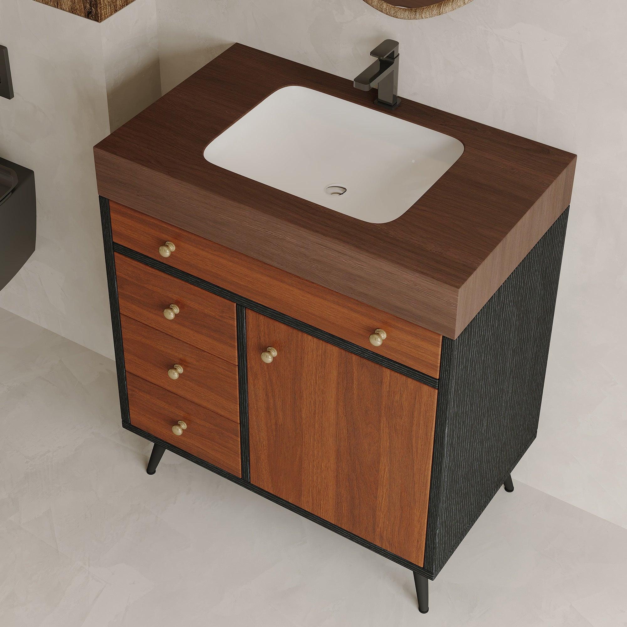 Mid-Century Modern Bathroom Vanity with Ceramic Sink.