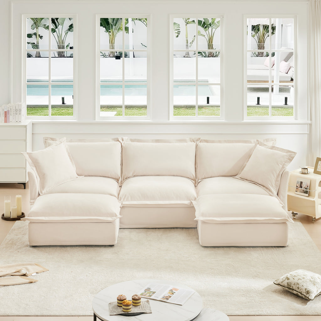 Cream Chenille U-Shape Deep Seat Sectional Sofa with French Edges