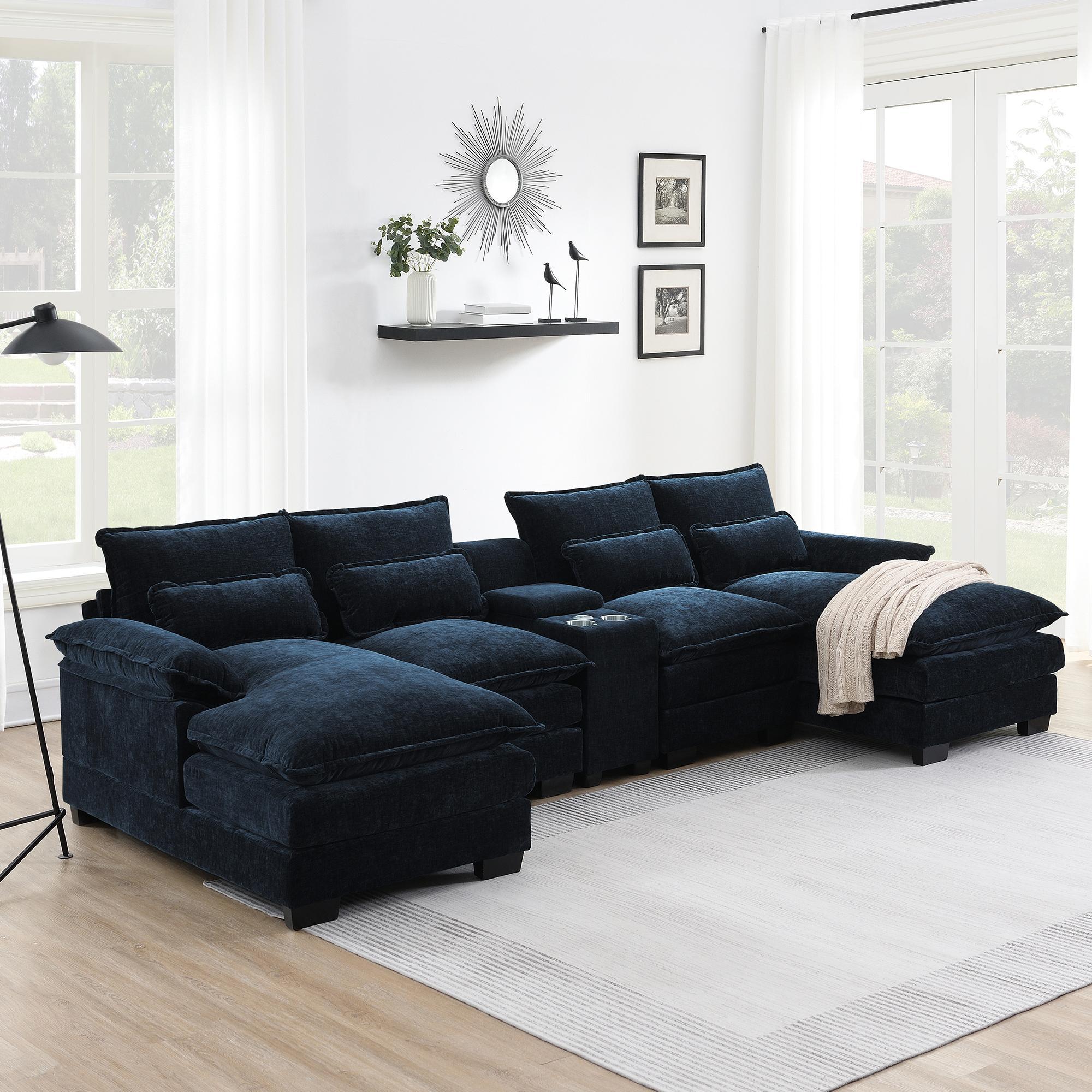 U-shaped sectional sofa with USB charger in navy chenille, featuring console with cup holders and plush cushions for comfy living room seating.
