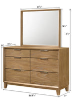Contemporary 6-Drawer Dresser with mirror and dimensions labeled, showcasing size and design for modern wood storage needs.
