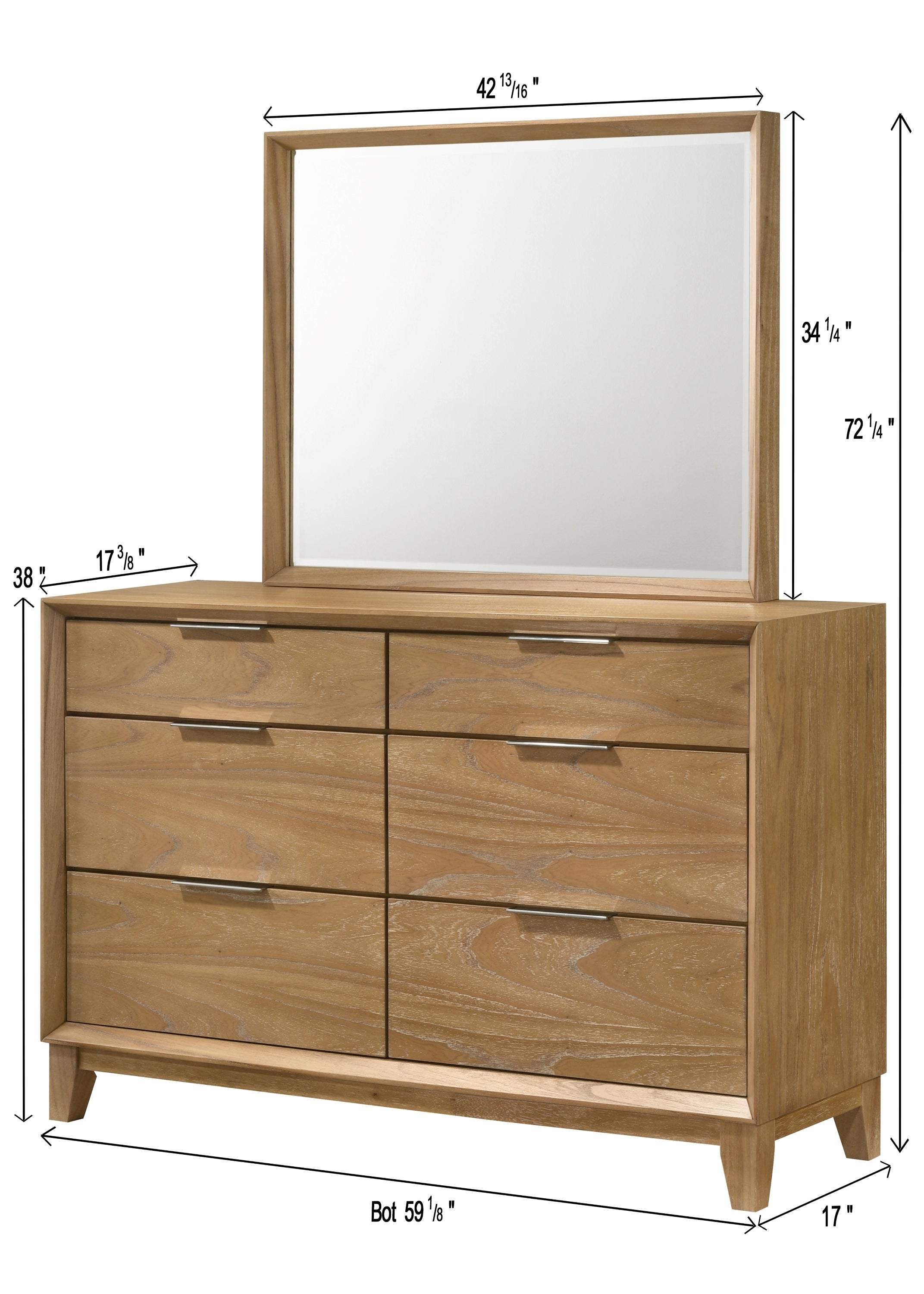 Contemporary 6-Drawer Dresser with mirror and dimensions labeled, showcasing size and design for modern wood storage needs.
