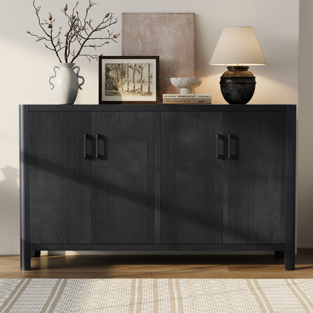Black wooden 4-door buffet with a rustic finish, featuring clean lines and modern handles, styled with home decor.