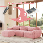 No assembly required for pink plush modular sofa. Simple 3-step setup process with compressed packaging for easy installation.