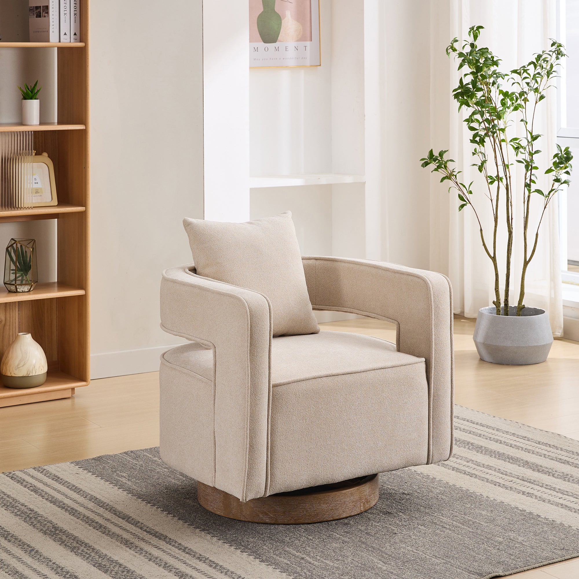 Swivel accent chair with open back and weathered wood base in linen blend, shown in a modern living room with neutral decor.