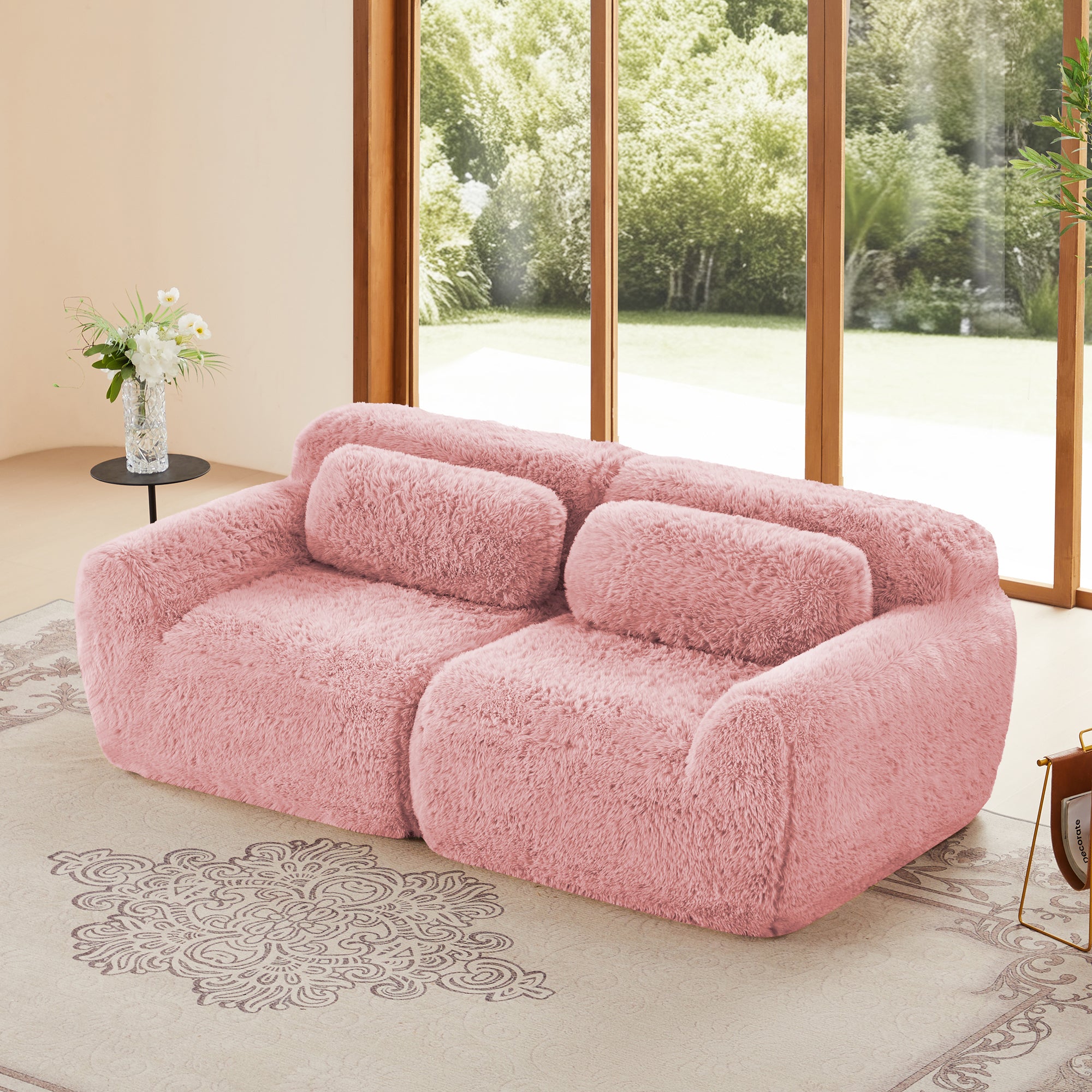 Modular Pink Sofa - 2-Seater Couch with plush fabric and no-leg design, perfect for modern living rooms and relaxation spaces.