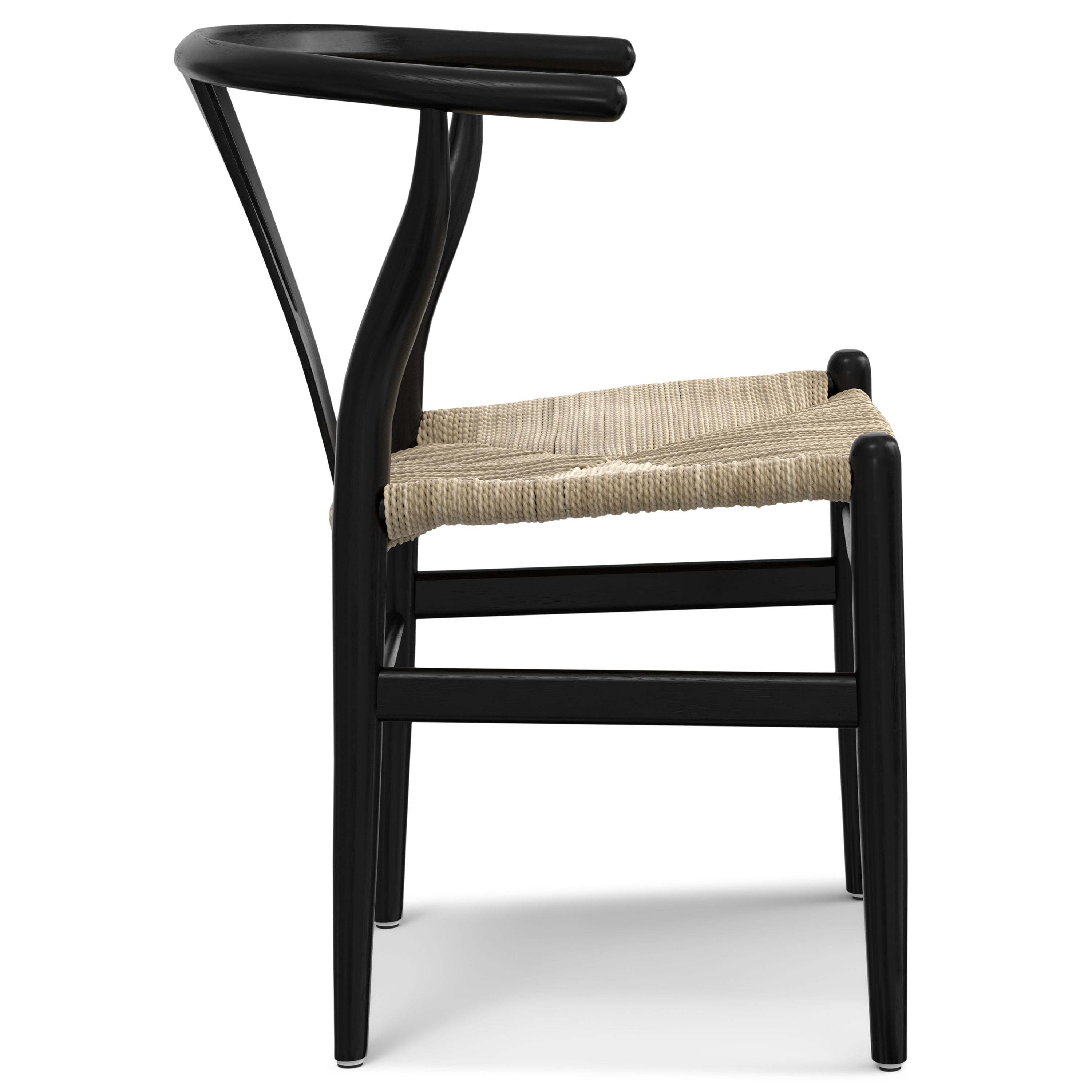 Side view of matte black beech wood dining chair with curved ergonomic backrest and handwoven natural fiber seat.