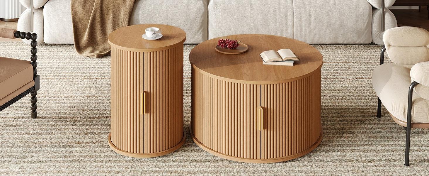 [Assembly Video]Mid-Century Coffee Table Set with Sliding Tambour Door, Round Fluted End Table With Storage, Golden Handle Tall & Low Side Table with Wooden Finish for Living Room, Set of Two ,Natural