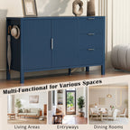 Versatile navy sideboard styled in living room, entryway, and dining room settings, emphasizing its multi-functional use.