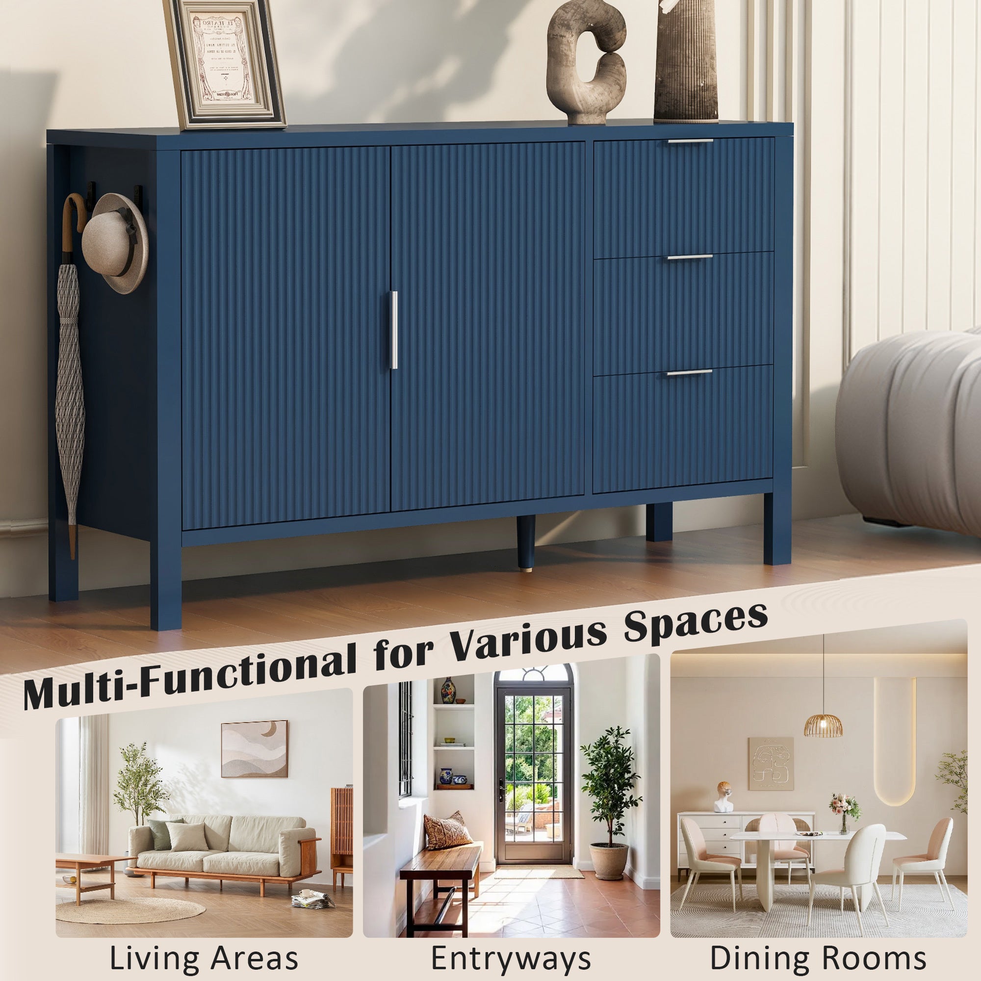 Versatile navy sideboard styled in living room, entryway, and dining room settings, emphasizing its multi-functional use.