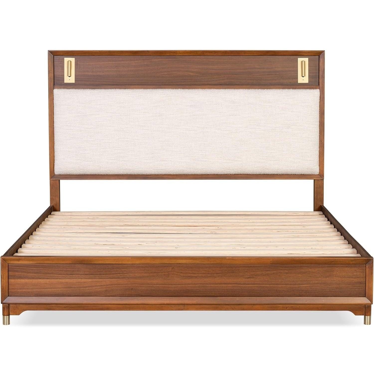 Mid-Century Modern King Size Bed with Upholstered Headboard.