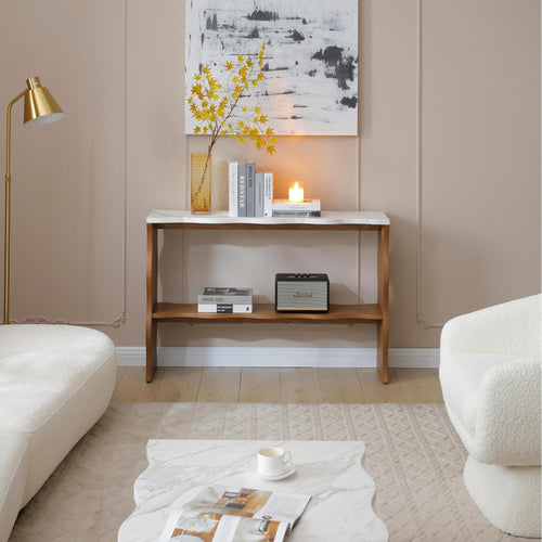 47.24' Whisper of Waves Modern Console Table w/ White Marble-Pattern Top, Solid Wood Veneered Sofa Table w/ Open Storage Shelf, Entryway Table for Living Room, Walnut Brwon