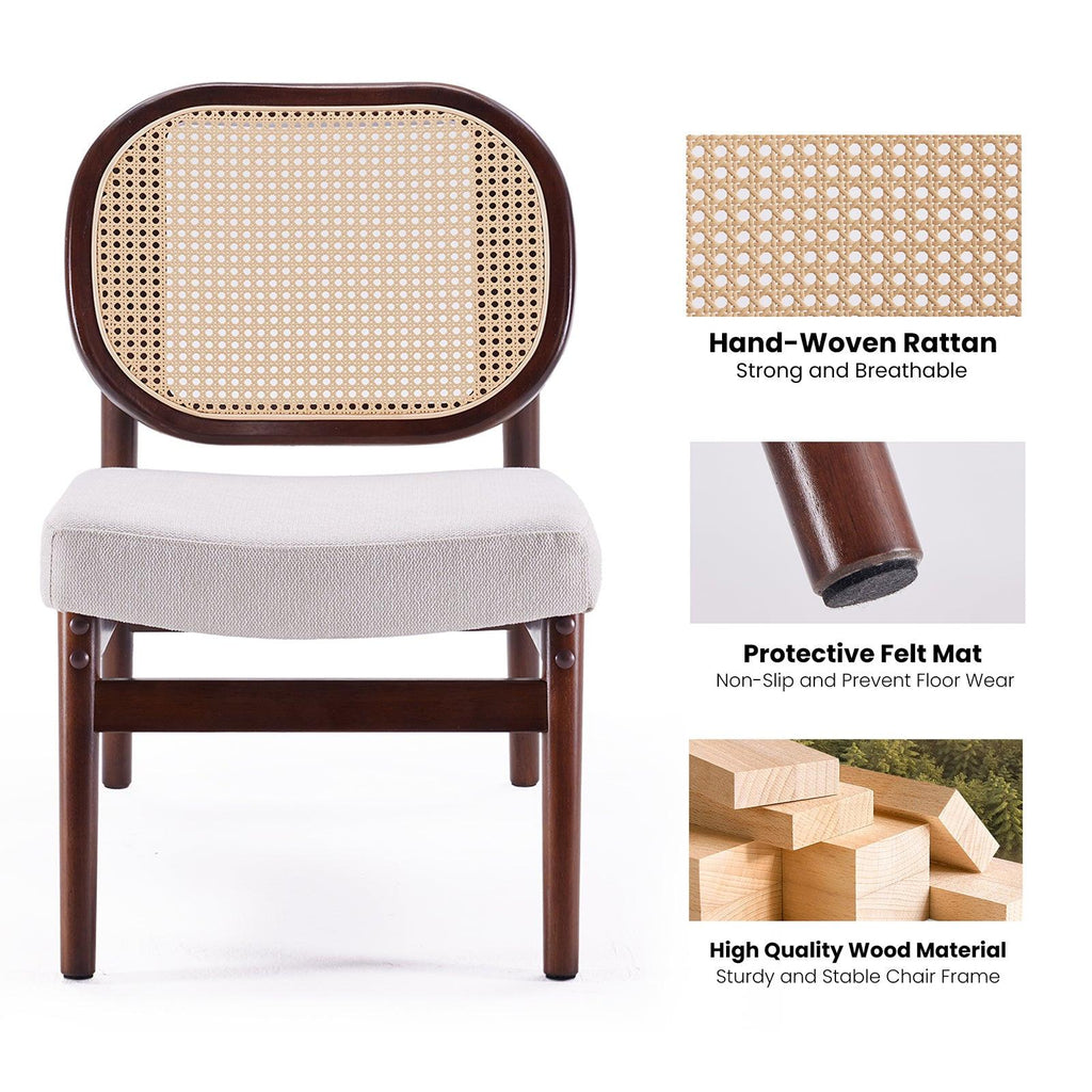 Rattan Accent Chair, Upholstered Living Room Chair with Rattan Back & Wood Frame, Mid-Century Modern Reading Chair for Living Room, Bedroom, Beige.