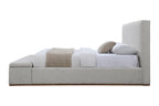 Side profile of Boxter Beige Linen Queen Bed with Storage, displaying low-profile frame and soft fabric finish.