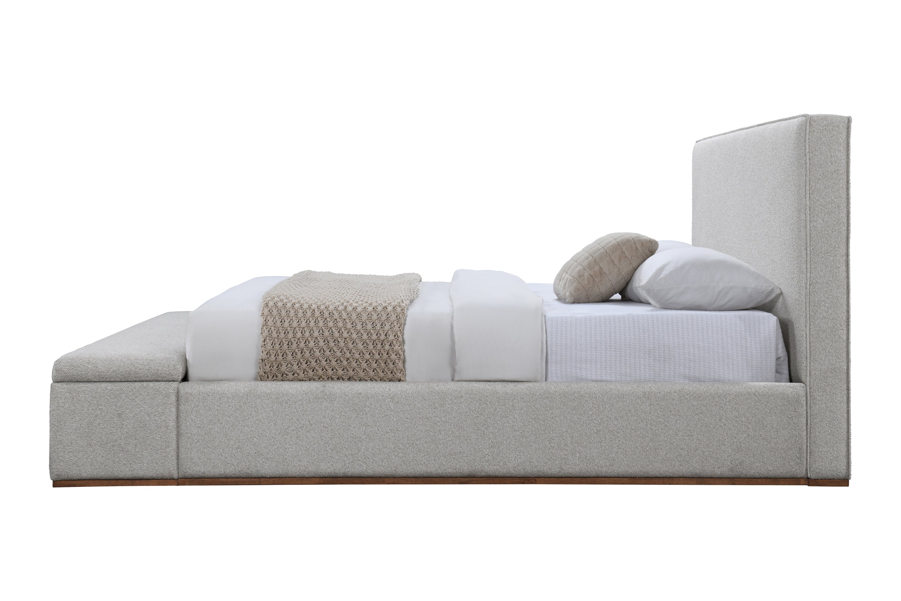 Side profile of Boxter Beige Linen Queen Bed with Storage, displaying low-profile frame and soft fabric finish.
