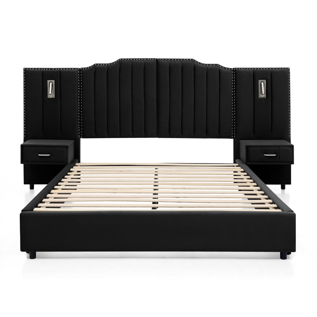 Front view of queen velvet bed frame with vertical panel headboard and dual nightstands, offering style and functionality.