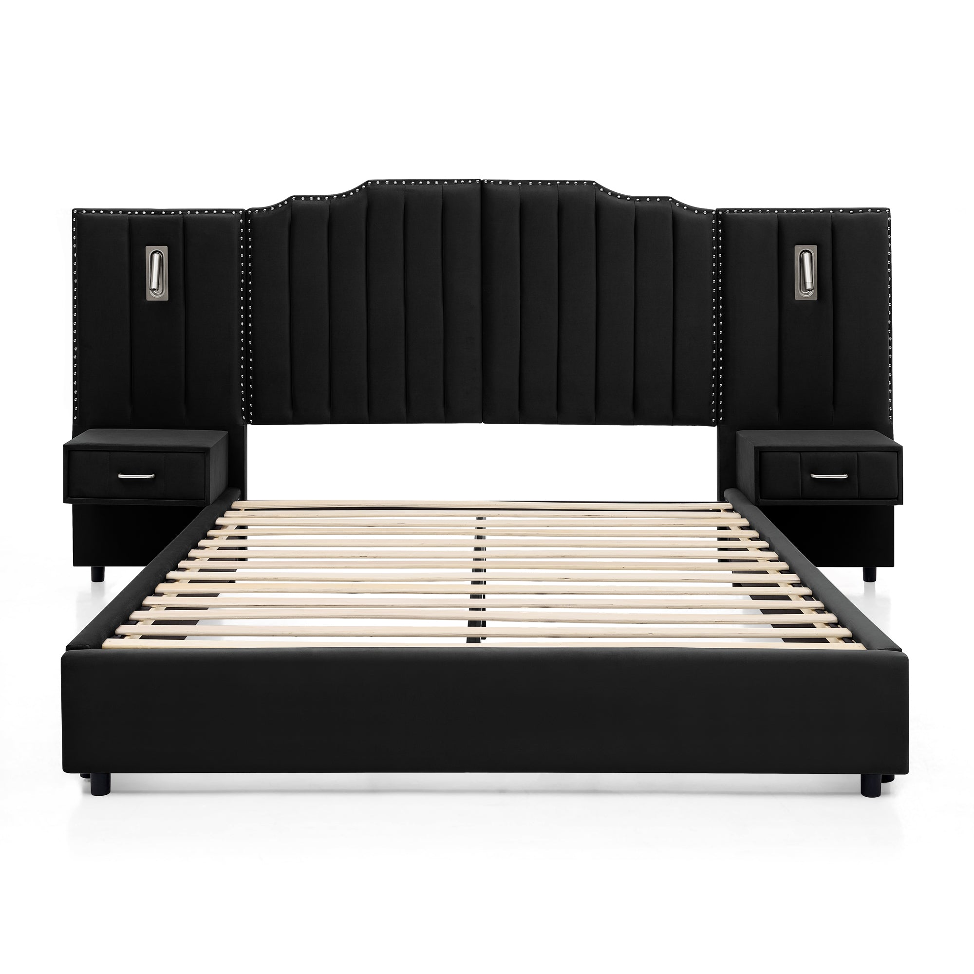 Front view of queen velvet bed frame with vertical panel headboard and dual nightstands, offering style and functionality.