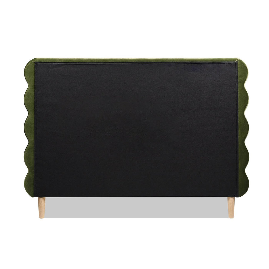 Stockholm Modern Wavy Headboard Platform Bed, Queen, Olive Green Performance Velvet.