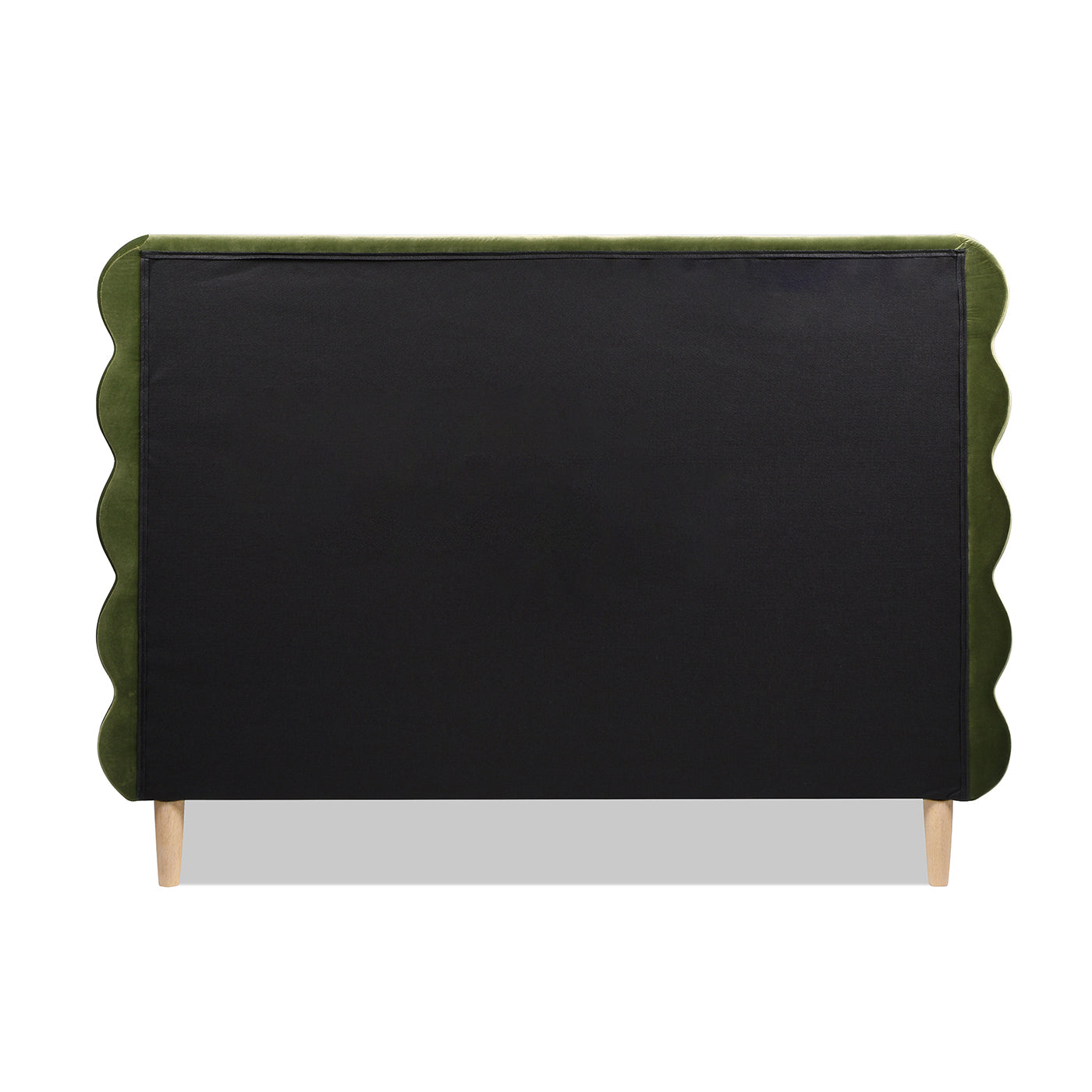 Back view of the Stockholm Modern Wavy Headboard in olive green velvet, part of the queen size platform bed frame.