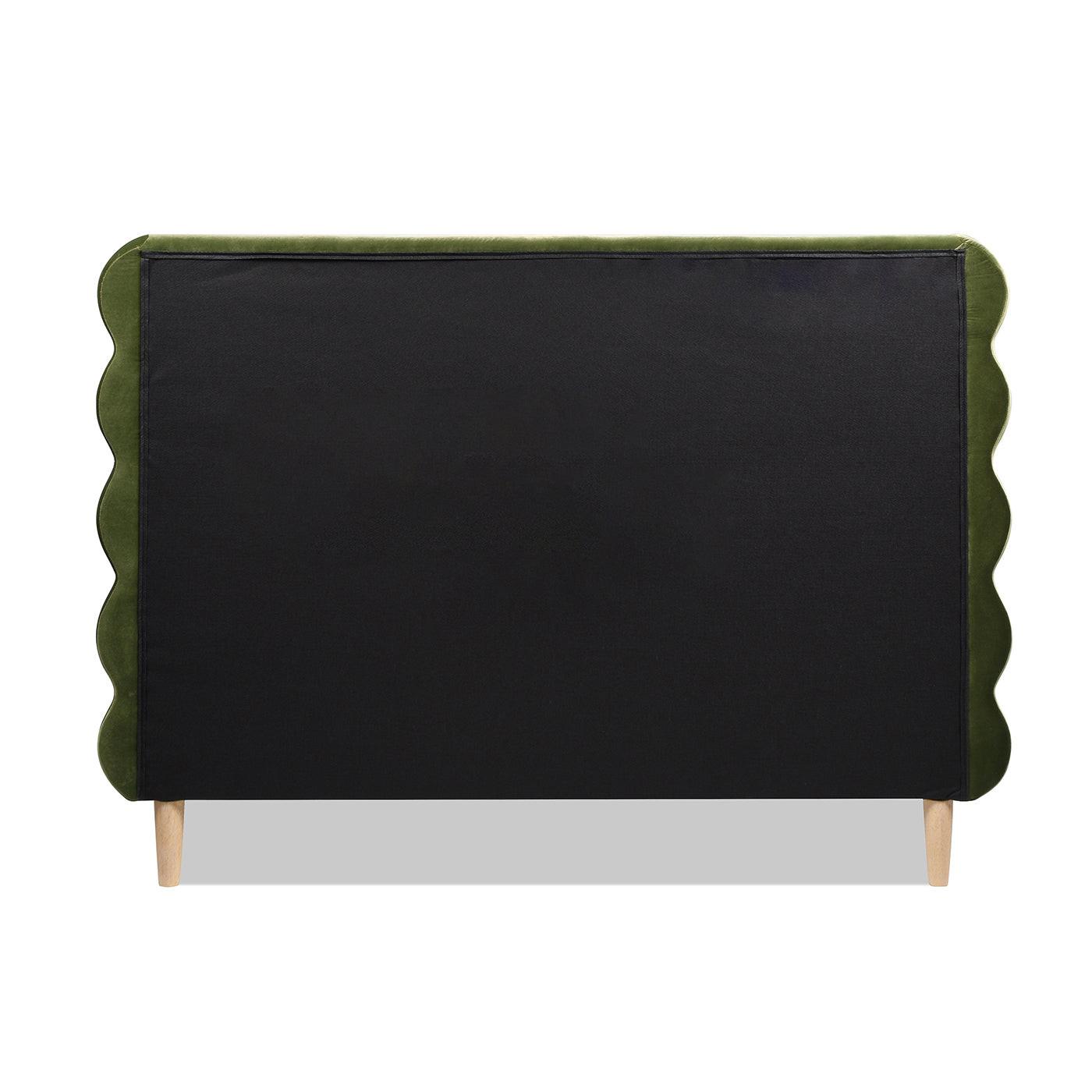 Stockholm Modern Wavy Headboard Platform Bed, Queen, Olive Green Performance Velvet.