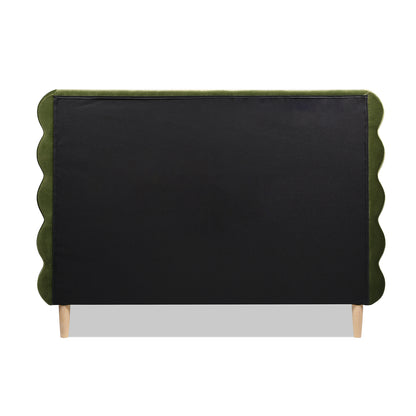 Back view of the Stockholm Modern Wavy Headboard in olive green velvet, part of the queen size platform bed frame.