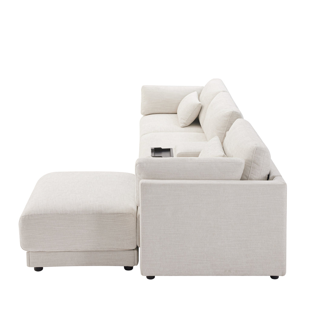 Side profile of L-Shaped sectional sofa with ottoman, showing thick cushions and integrated charging panel for modern living.