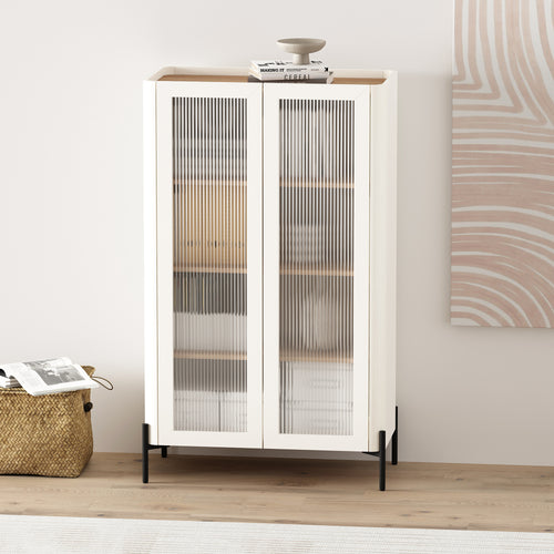 Abbey 32' Tempered Glass Bookcase Cabinet in Maple and Off White (4-Shelf)