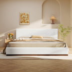 White Boucle Upholstered Bed - Queen Size with Solid Wood Frame.