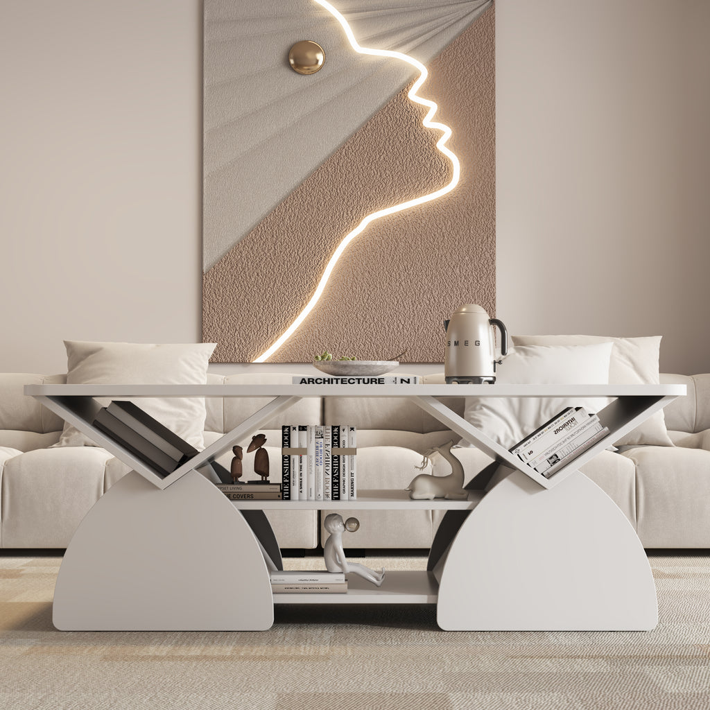 White engineered wood coffee table showcasing six storage spaces and decorative items. Stylish centerpiece for modern interiors.