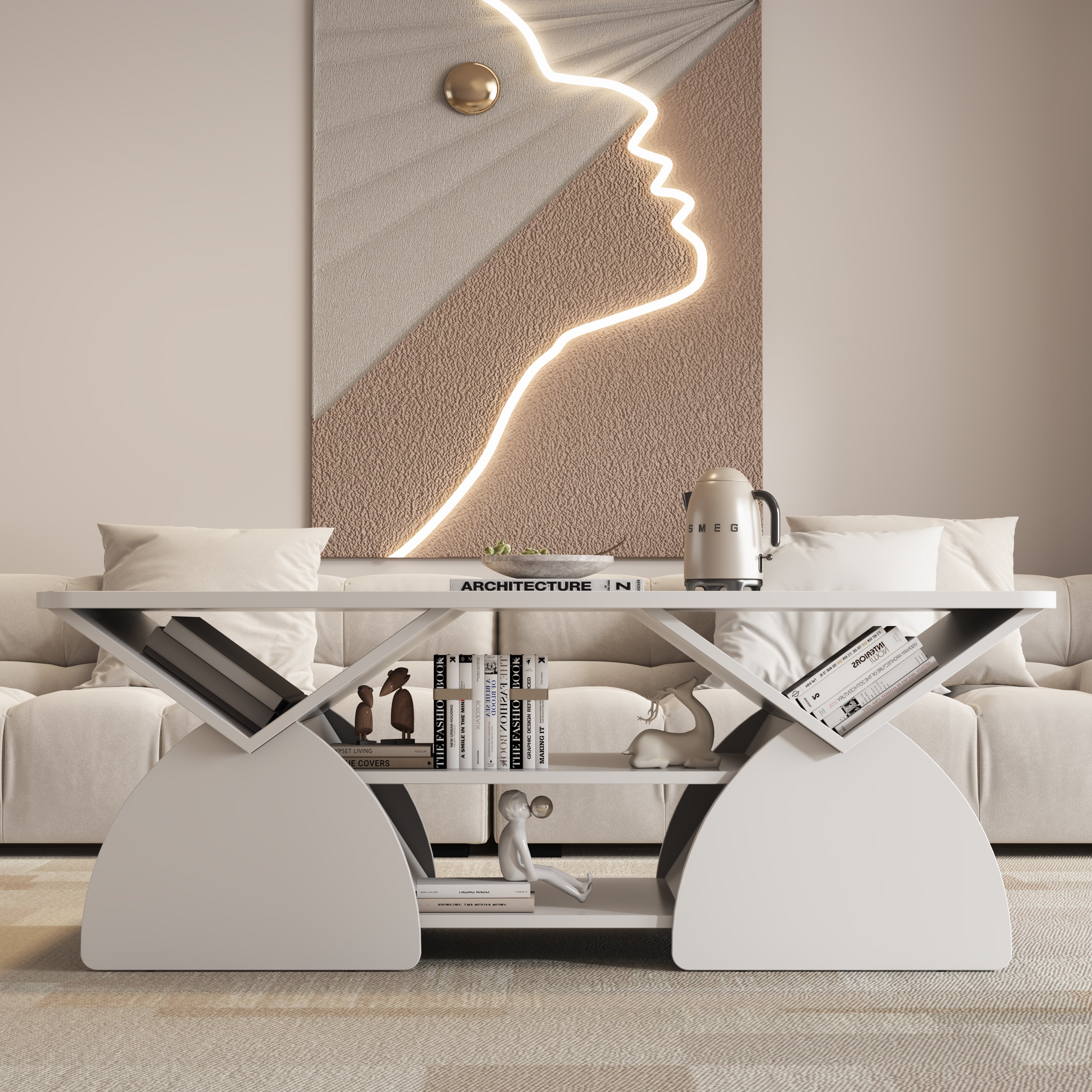 White engineered wood coffee table showcasing six storage spaces and decorative items. Stylish centerpiece for modern interiors.