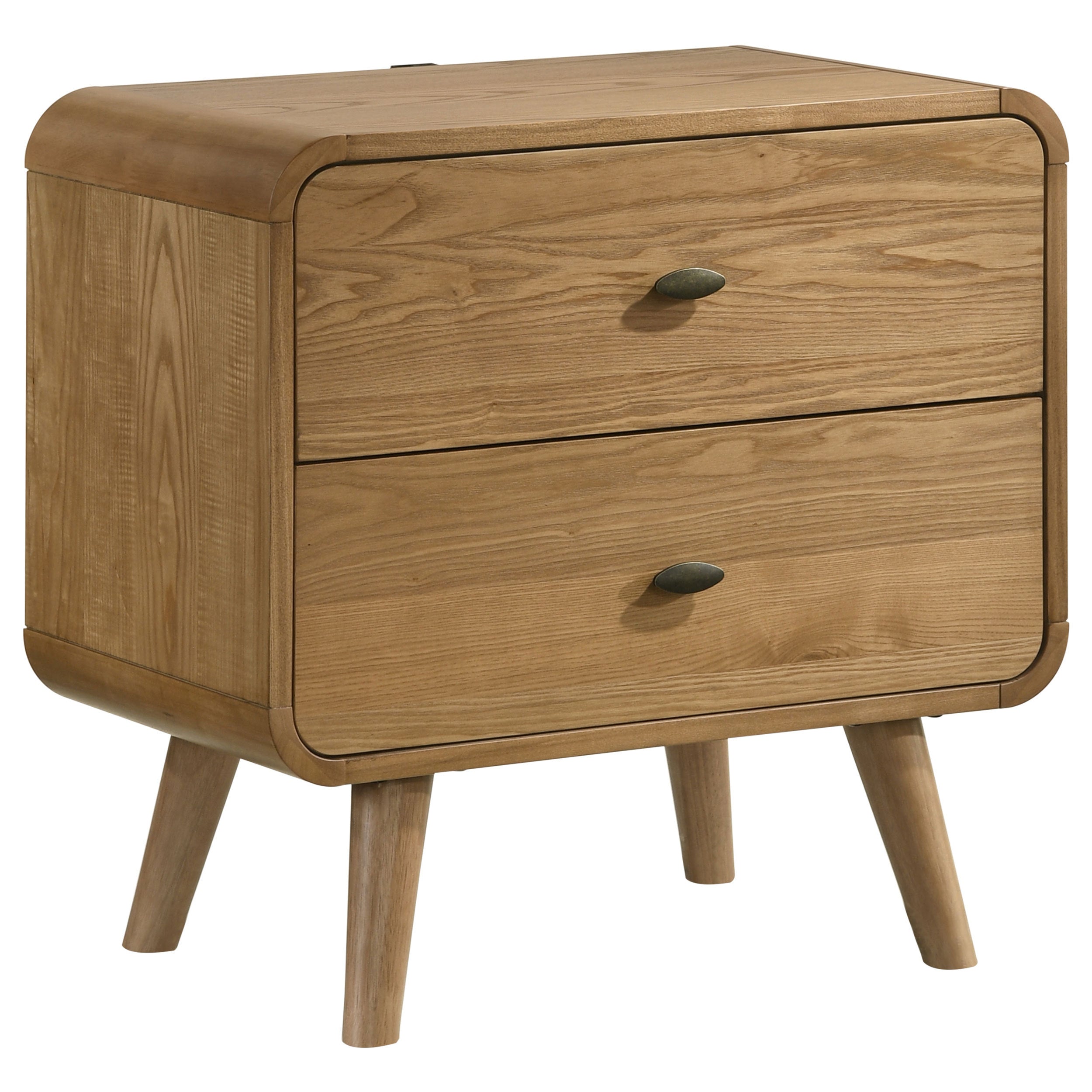 Retro-style two-drawer nightstand in light ash wood with rounded corners, tapered legs, and small oval metal pulls.