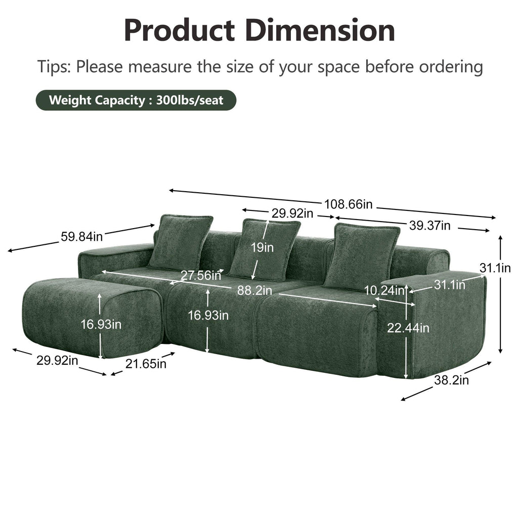 Modular Velvet Sectional Sofa with Ottoman - No Assembly.