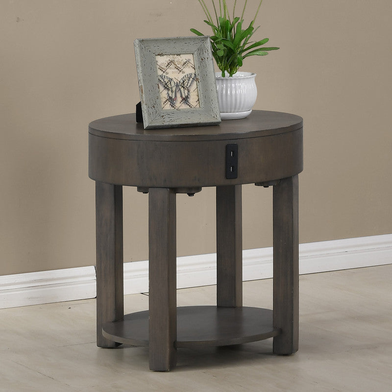 20' MDF end table with USB ports in light brown, styled with decor on top and lower shelf for storage. Ideal for compact living spaces.