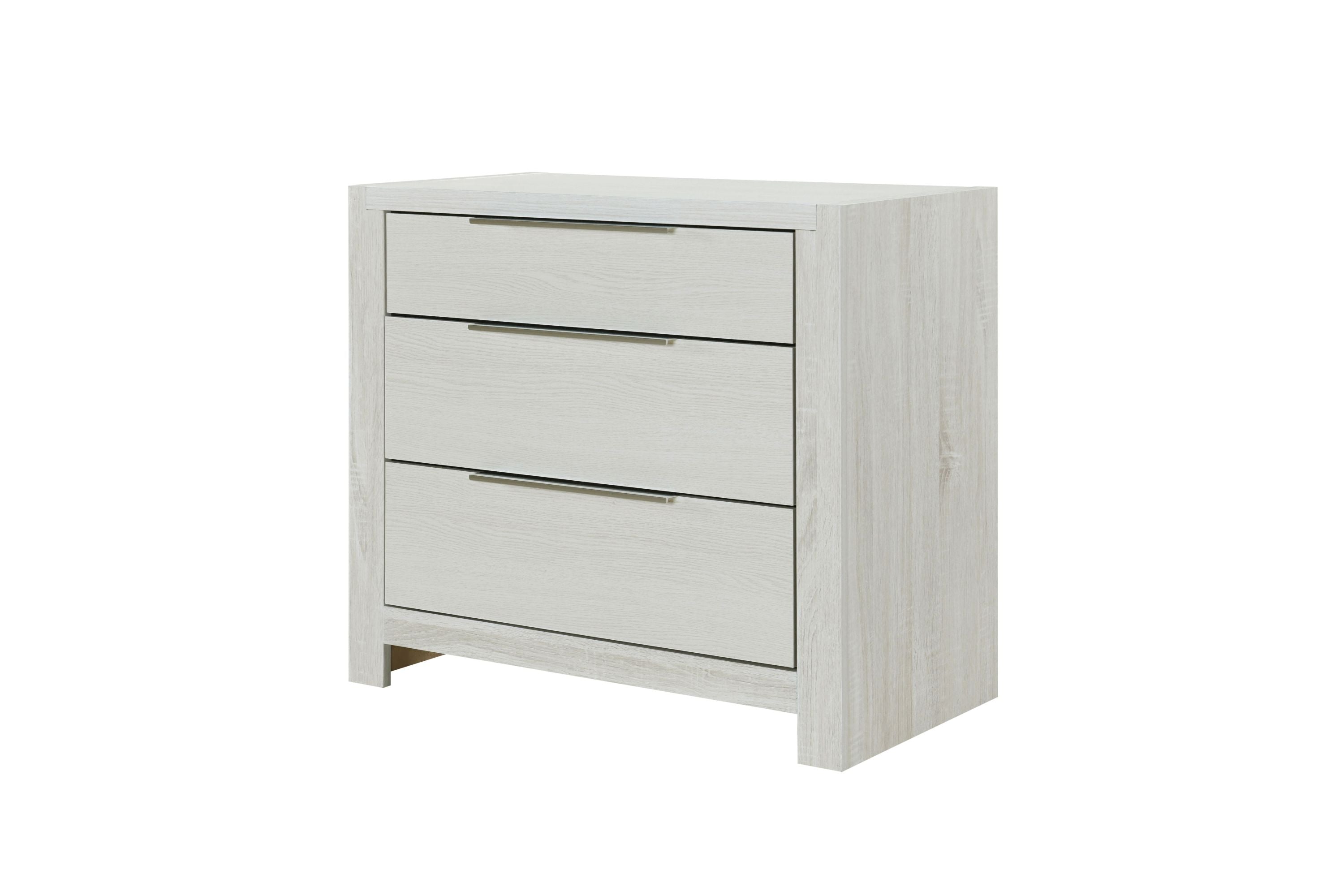 Jehoram Beige Nightstand - Synthetic Wood with 3 closed drawers, ideal for bedroom or living room storage.