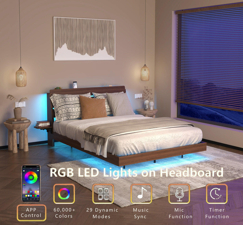 Floating Queen Bed Frame with LED, Storage & USB Ports.