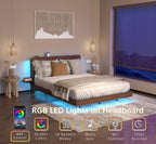 Floating Queen Bed Frame with LED, Storage & USB Ports.